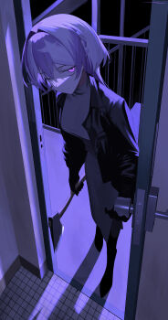 Rule 34 | 1girl, absurdres, axe, commentary, commission, english commentary, hair intakes, highres, holding, holding axe, long hair, one eye closed, opening door, original, signal 1120, skeb commission, solo