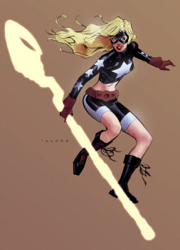 1girl belt blonde_hair blue_eyes boots courtney_whitmore dc_comics female_focus flying full_body gloves glowing justice_society_of_america lace-up_boots mask midriff red_gloves shorts simple_background solo staff star_(symbol) stargirl takara