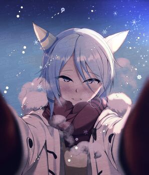 1025ridoru 1girl absurdres animal_ears blue_eyes blue_hair blush coat ear_covers hair_between_eyes highres horse_ears horse_girl k.s.miracle_(umamusume) long_sleeves looking_at_viewer open_mouth outstretched_arms reaching reaching_towards_viewer red_scarf sample_watermark scarf shirt short_hair smile snowflakes snowing solo umamusume watermark white_coat