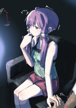 1boy 1girl absurdres ahoge bare_arms blush couch finger_to_mouth highres holding_hands legs_together on_couch purple_eyes red_shorts scared short_shorts shorts sitting solo_focus sweat trembling vocaloid voiceroid watching_television yuzuki_yukari yzkmoq_00