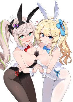 2girls absurdres animal_ears arm_around_another's_back backless_leotard bare_shoulders between_breasts black_leotard blonde_hair blue_bow blue_bowtie blue_eyes bow bowtie breast_press breasts brown_hair cleavage detached_collar embarrassed fake_animal_ears from_above girls'_frontline girls'_frontline_2:_exilium green_eyes green_hair grin hair_bow hand_on_another's_shoulder heart highres holding_hands hug leaning_forward leaning_on_person leotard long_hair looking_at_viewer looking_up medium_breasts multicolored_hair multiple_girls nabiyan nervous_smile pantyhose playboy_bunny rabbit_ears rabbit_tail red_bow red_bowtie red_eyes sharkry_(girls'_frontline_2) side_ponytail single_drill smile star-shaped_pupils star_(symbol) strapless strapless_leotard streaked_hair symbol-shaped_pupils symmetrical_docking tail thighs trembling two-tone_hair vepley_(girls'_frontline_2) very_long_hair white_leotard wrist_cuffs