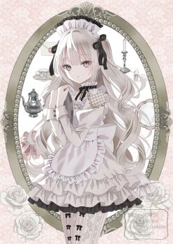 1girl absurdres apron bird black_ribbon blush candle candlestand collar collarbone commentary_request cowboy_shot cup detached_collar dress fingernails flower frilled_apron frilled_dress frills from_side grey_eyes grey_hair hair_ribbon hand_on_own_chest hands_up highres holding holding_tray juliet_sleeves key lace lace_pantyhose layered_dress letter long_hair long_sleeves looking_at_viewer maid maid_apron maid_headdress neck_ribbon original pantyhose parted_lips paruno picture_frame pink_shoes plate puffy_sleeves ribbon saucer shoes short_dress solo standing swan teacup teapot tray two_side_up unworn_shoes watermark white_apron white_collar white_dress white_flower white_headdress white_pantyhose wrist_cuffs
