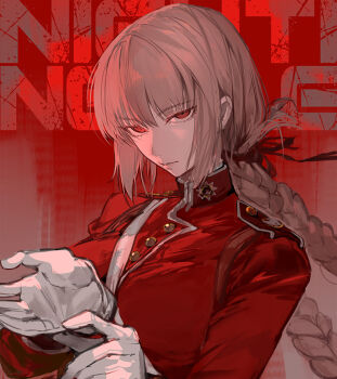 Rule 34 | 1girl, adjusting clothes, adjusting gloves, braid, breasts, character name, coat, fate/grand order, fate (series), florence nightingale (fate), gloves, large breasts, long hair, pink hair, red background, red coat, red eyes, suzuhi (fullprayer), white gloves