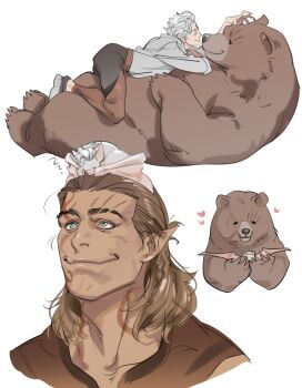 Rule 34 | 2boys, animal, astarion, baldur's gate, baldur's gate 3, bat (animal), bear, black pants, brown hair, brown shirt, commentary request, druid, dungeons & dragons, dungeons &amp; dragons, facial mark, halsin, heart, holding, holding animal, long hair, looking at another, lying on animal, male focus, multiple boys, muscular, muscular male, on head, pants, pointy ears, scar across eyebrow, scar on face, shirt, sleeping, smile, tatsumi (psmhbpiuczn), vampire, white hair, white shirt, yaoi