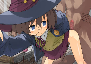 1boy 1girl :o absurdres bad_id bad_twitter_id bent_over blue_eyes blush_stickers book brown_hair censored clothed_female_nude_male commission erection glasses hat hetero highres imminent_penetration inactive_account jank365m mosaic_censoring nude original penis pleated_skirt purple_skirt skeb_commission skirt solo_focus sweater_vest v-neck witch witch_hat