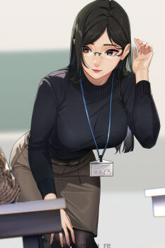 1girl absurdres black_hair black_pantyhose black_sweater blurry blurry_background breasts brown_eyes brown_skirt commentary_request cowboy_shot glasses hand_on_own_knee hand_up highres id_card indoors kagematsuri lanyard large_breasts leaning_forward long_hair looking_at_viewer mole mole_under_mouth original pantyhose skirt solo sweater