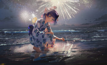 1girl absurdres aerial_fireworks barefoot beach blue_eyes commentary_request da_tengzi fireworks floral_print floral_print_kimono fox_mask gakuen_idolmaster hataya_misuzu highres holding holding_fireworks idolmaster japanese_clothes kimono long_sleeves mask mask_on_head mole mole_under_mouth night night_sky obi ocean outdoors print_kimono purple_hair reflection reflective_water sash senkou_hanabi short_hair signature sky smile solo sparkler squatting waves wide_sleeves yukata