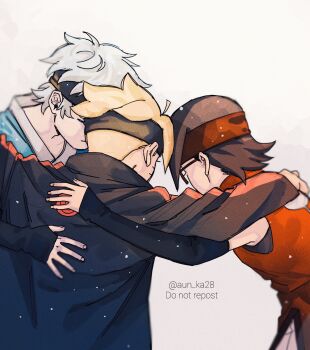 1girl 2boys ahoge arm_around_shoulder black_hair black_headband black_jacket blonde_hair boruto:_naruto_next_generations closed_eyes detached_sleeves dress facial_mark glasses headband highres huddle jacket mitsuki_(naruto) multiple_boys naruto_(series) onka_(aun_ka28) red_dress red_headband short_hair twitter_username uchiha_sarada uzumaki_boruto whisker_markings white_hair