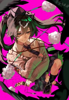 1girl artist_name chayo_bababa commentary_request feathered_wings feathers geta hat highres himekaidou_hatate looking_at_viewer necktie pink_background purple_hat purple_necktie purple_skirt shirt skirt solo tokin_hat touhou twintails watermark white_shirt wings