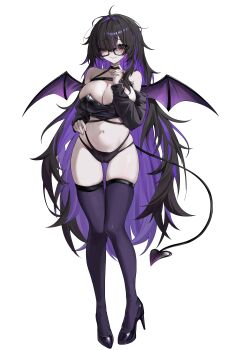 1girl 808_0 absurdres alternate_costume bags_under_eyes bare_shoulders black-framed_eyewear black_cardigan black_choker black_hair black_panties blush bra breasts cameltoe cardigan choker cleavage colored_inner_hair commentary demon_tail demon_wings glasses goddess_of_victory:_nikke hair_over_one_eye high_heels highres label_(nikke) large_breasts long_hair looking_at_viewer messy_hair mojyo mole mole_on_breast multicolored_hair nervous_smile pale_skin panties purple_eyes purple_hair purple_streaks see-through_clothes see-through_panties simple_background skindentation smile solo stomach strapless strapless_bra streaked_hair sweat tail thighhighs two-tone_hair underwear very_long_hair wavy_mouth white_background wings