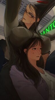 2girls bayonetta bayonetta_(series) beehive_hairdo black_eyeshadow black_hair blush breast_rest breasts breasts_on_head brown_eyes closed_mouth collared_shirt commentary dress_shirt english_commentary eyeshadow full-face_blush glasses green_jacket height_difference highres hiroshi_(hiiroshiiii) jacket large_breasts lipstick long_hair looking_to_the_side makeup mole mole_under_mouth multiple_girls open_clothes open_jacket purple_jacket red_lips shirt sweat tall_female train_interior twitter_username upper_body white_shirt