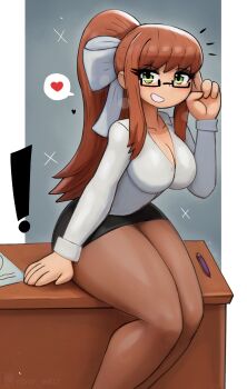 ! 1girl arm_support black_skirt blush breasts brown_hair brown_pantyhose cleavage collarbone doki_doki_literature_club green_eyes grey_background grin hair_ribbon heart large_breasts long_hair long_sleeves looking_at_viewer monika_(doki_doki_literature_club) pantyhose paper pen pencil_skirt ponytail ribbon shirt sidelocks sitting skirt smile sparkle speech_bubble spoken_heart sunglasses teacher teeth thick_thighs thighs tony_welt white_ribbon white_shirt wide_hips