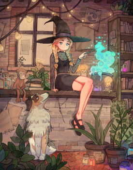 1girl aqua_eyes arm_support artist_logo black_dress black_hat black_shirt black_shoes book book_stack bookshelf border_collie braid braided_twintails brick_floor brick_wall brown_hair bubble candle cauldron closed_mouth colored_smoke commentary crossed_legs dated dress full_body hair_over_shoulder hat hat_ribbon highres holding holding_wand indoors jar logo looking_down mary_janes monkey no_socks on_counter original plant polka_dot polka_dot_shirt poster_(object) potion potted_plant purple_ribbon ribbon shirt shoes simz sitting smoke solo string_of_light_bulbs wand window witch_hat