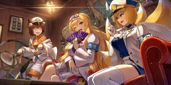 3girls alternate_costume alternate_hairstyle animal_ear_fluff animal_ear_piercing animal_ears animal_hat armband ascot blonde_hair blue_armband blue_shirt bow braid breasts brown_hair bug butterfly cat_ears cat_tail ceiling_light chen chen_(calm_and_composed_secretary) coat collared_shirt collection commentary couch crossed_legs crown_braid emblem english_commentary fang flame_print folding_fan fox_tail frilled_skirt frills game_cg globe hair_between_eyes hair_bow hair_ribbon hand_fan hat highres indoors insect jacket jewelry kuroi_susumu large_breasts layered_clothes light_particles light_trail long_hair long_sleeves looking_at_another looking_at_viewer map microscope military_uniform miniskirt multiple_girls multiple_tails official_art on_couch one_eye_closed open_clothes open_jacket open_mouth orange_shirt paw_pose quill red_bow ribbon sailor sailor_hat seashell shell shiny_clothes shirt short_hair shorts sidelocks sitting skirt slit_pupils smile sparkle sweatdrop tail talking taut_clothes taut_shirt thighhighs third-party_source touhou touhou_lostword tube two_tails very_long_hair wavy_mouth white_ascot white_coat white_hat white_shirt white_shorts white_skirt white_thighhighs wide_sleeves yakumo_ran yakumo_ran_(elegant_vice_president) yakumo_yukari yakumo_yukari_(gorgeous_student_president) yellow_ascot yellow_eyes yin_yang yin_yang_print