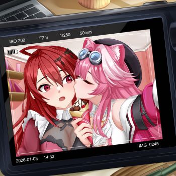 absurdres ahoge animal_ears breasts camera crepe elizabeth_rose_bloodflame eyeshadow food goggles goggles_on_head highres holding holding_crepe holding_food hololive hololive_english huge_ahoge makeup multicolored_hair panther_ears panther_girl panther_tail pink_eyeshadow pink_hair raora_panthera selfie streaked_hair tail viewfinder virtual_youtuber yuri