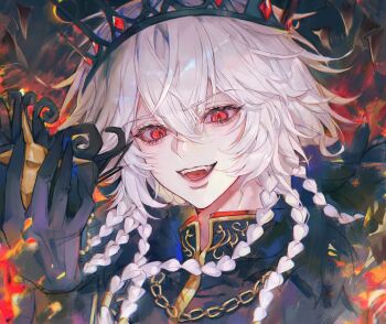 1boy absurdres androgynous bishounen black_crown black_gloves braid claws crossed_bangs crown evil_smile eyelashes gloves gold_trim helmet high_collar highres holding holding_unworn_helmet identity_v ithaqua_(identity_v) ithaqua_(morningstar)_(identity_v) looking_at_viewer male_focus multiple_braids no_mask official_alternate_costume portrait red_eyes slit_pupils smile solo unworn_headwear unworn_helmet white_hair xiaomianduoshao