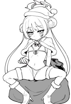 1girl bell bikini blue_archive blush boots capelet closed_mouth double_bun flat_chest greyscale hair_bun halo hat high_heel_boots high_heels highres kisaki_(blue_archive) loli long_hair looking_at_viewer mago_cats monochrome navel neck_bell sack santa_hat simple_background sitting solo swimsuit thighhighs twintails white_background