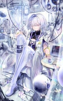 1girl absurdres angel_wings breasts chinese_commentary colored_eyelashes commentary_request dress earrings grey_hair hair_intakes hair_ornament hair_over_one_eye halo hand_on_own_knee high_heels highres id_card indoors jacket jewelry laboratory long_hair looking_at_viewer mornye_(wuthering_waves) multiple_rings muted_color purple_dress red_eyes revision ring robot sameaki see-through_body sitting small_breasts solo triangle_earrings triangle_mouth white_jacket white_wings wings wuthering_waves