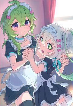Rule 34 | 2girls, :d, absurdres, ahoge, apron, aqua ribbon, black dress, black thighhighs, blurry, blurry background, blush, bow, closed mouth, collar, collarbone, collei (genshin impact), commentary request, cross-shaped pupils, crossed bangs, detached collar, dot nose, dress, frilled apron, frilled dress, frills, from behind, genshin impact, green eyes, green hair, green pupils, green streaks, hair between eyes, hair bow, hand to hand, hand up, highres, indoors, long hair, looking at viewer, looking back, maid apron, maid headdress, mochihuman, multiple girls, multiple hair bows, nahida (genshin impact), neck ribbon, open mouth, pink bow, pointy ears, puffy short sleeves, puffy sleeves, purple eyes, ribbon, short sleeves, side ponytail, sidelocks, smile, symbol-shaped pupils, thighhighs, white apron, white collar, white hair, white headdress, white thighhighs, window