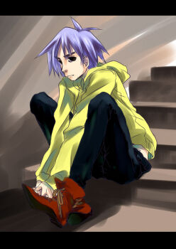 1boy 2d_(gorillaz) gorillaz male_focus purple_hair short_hair sitting solo
