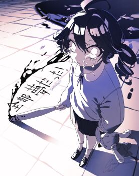 1girl ahoge alternate_costume baseball_bat black_hair blue_sweater commentary_request crying crying_with_eyes_open despair drill_hair footprints foreshortening highres holding holding_baseball_bat holding_stuffed_toy kasane_teto loafers looking_at_viewer medium_hair neck_ribbon niconico_id parted_lips pleated_skirt puddle ribbon shadow shoes signature skirt solo song_name standing stuffed_animal stuffed_toy sumiyama_sui sweater tears tile_floor tiles twin_drills utau white_eyes wide-eyed zenbu_yume_datta_(synthesizer_v)