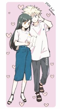 1boy 1girl alternate_costume artist_name black_hair blonde_hair blue_eyes blue_skirt blush bracelet breasts casual closed_mouth cloud_strife commentary_request couple dated earrings final_fantasy final_fantasy_vii full_body grey_pants hand_on_another&#039;s_hip hand_on_own_head heart height_difference hetero holding jewelry long_hair long_skirt medium_breasts momontaon pants pink_background red_eyes sandals shirt short_hair short_sleeves skirt smile spiked_hair standing swept_bangs tifa_lockhart white_shirt