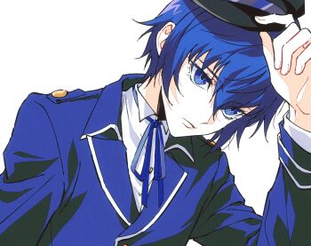 1girl absurdres adjusting_clothes adjusting_headwear ako_(eanaaati1) androgynous arm_up black_hat blue_eyes blue_hair blue_jacket blue_ribbon chinese_commentary closed_mouth collared_shirt commentary_request hair_between_eyes hat head_tilt highres jacket long_sleeves neck_ribbon persona persona_4 ribbon shirogane_naoto shirt short_hair shoulder_boards simple_background solo upper_body white_background white_shirt