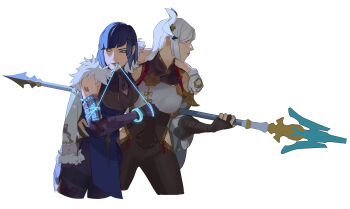 Rule 34 | 2girls, absurdres, aqua eyes, asymmetrical gloves, bare shoulders, black bodysuit, black gloves, blue hair, blunt ends, bodysuit, bracelet, breasts, chinese clothes, cleavage cutout, clenched hand, closed mouth, clothing cutout, cowboy shot, detached sleeves, diagonal bangs, dice, elbow gloves, fingerless gloves, fur-trimmed jacket, fur trim, genshin impact, gloves, gold trim, grey eyes, hair ornament, hair ribbon, hand on another's shoulder, hands up, highres, holding, holding polearm, holding weapon, jacket, jewelry, large breasts, long hair, long sleeves, looking to the side, mandarin collar, multiple girls, ofuda, open clothes, open jacket, partially fingerless gloves, pelvic curtain, polearm, puffy detached sleeves, puffy long sleeves, puffy sleeves, purple gloves, purple lips, red rope, ribbon, rope, shenhe (genshin impact), short hair, simple background, spear, standing, suqling, tassel, teeth, thigh strap, thread, v-shaped eyebrows, vest, weapon, white background, white gloves, white hair, white jacket, white ribbon, white sleeves, white vest, yelan (genshin impact)