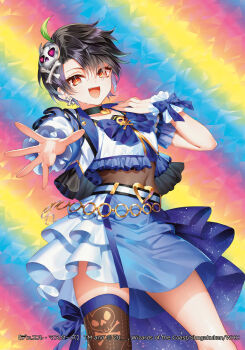 Rule 34 | 1girl, 2025, ahoge, black hair, bone earrings, copyright notice, covered navel, duel masters, green hair, hair ornament, heart collar, idol clothes, looking at viewer, multicolored hair, nemusuke, official art, open mouth, rainbow background, reaching, reaching towards viewer, red eyes, sakai taru, short hair, single thighhigh, skull hair ornament, solo, teeth, thighhighs, upper teeth only