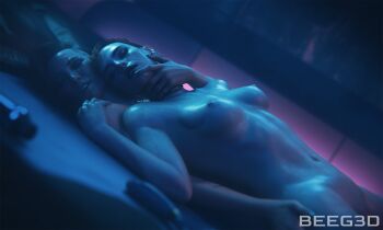 2girls 3d artist_name aurore_cassel beeg3d breasts choker closed_eyes cyberpunk_(series) cyberpunk_2077 earrings highres indoors jewelry multiple_girls multiple_rings navel nude red_hair ring sex_toy small_breasts thighs throat_grab v_(cyberpunk) valerie_(cyberpunk) vibrator yuri