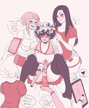 1boy 6+girls ashido_mina asui_tsuyu blush boku_no_hero_academia bra cellphone dildo femdom feminization hagakure_toru heart highres holding holding_phone holding_sex_toy invisible jiro_kyoka kinktober limited_palette long_hair midoriya_izuku multiple_girls nipples panties penis phone recording see-through_clothes sex_toy short_shorts shorts sitting skirt smartphone spacenipnops speech_bubble spoken_heart surrounded tank_top testicles thighhighs trap underwear uraraka_ochako vibrator yaoyorozu_momo