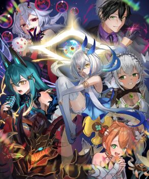 1boy 1other 5girls animal_ears armor axia_(shadowverse:_worlds_beyond) bare_shoulders black_hair blue_eyes blue_hair bridal_gauntlets bug butterfly butterfly_on_hand cat_ears character_request claws collared_shirt commentary_request dress fake_animal_ears fake_horns fang floating_hair gloves green_eyes grey_hair helmet heterochromia highres himeka_(shadowverse:_worlds_beyond) horned_helmet horns insect long_hair microphone monomusi multicolored_hair multiple_girls open_mouth orange_hair purple_shirt red_eyes shadowverse shadowverse:_worlds_beyond sham-nacha_(shadowverse:_worlds_beyond) shirt short_hair streaked_hair tan thighhighs velharia_(shadowverse:_worlds_beyond) white_dress white_gloves white_thighhighs yellow_eyes
