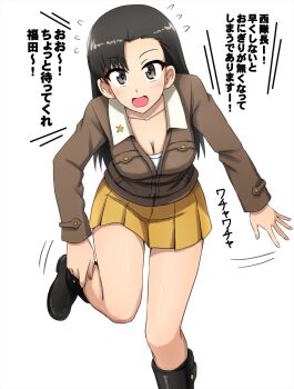 Rule 34 | 1girl, black boots, black eyes, black hair, boots, breasts, brown skirt, chi-hatan school uniform, collarbone, girls und panzer, green jacket, highres, jacket, large breasts, long hair, nishi kinuyo, omachi (slabco), open mouth, school uniform, shirt, simple background, skirt, solo, standing, teeth, translation request, upper teeth only, white background