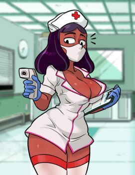 Rule 34 | 1girl, black hair, blue gloves, breasts, cleavage, commentary, curvy, dark-skinned female, dark skin, english commentary, gloves, hat, indoors, large breasts, long hair, mask, mature female, nurse, nurse cap, priyanka maheswaran, solo, steven universe, ta-na (tana351), thick thighs, thighhighs, thighs, wide hips