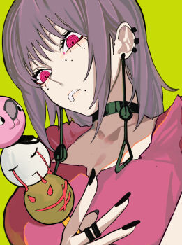 1girl aegyo_sal black_choker black_nails chainsaw_man choker dango dress drooling earrings falling_devil_(chainsaw_man) fami_(chainsaw_man) food frilled_sleeves frills grey_hair highres jewelry looking_at_object multiple_moles open_mouth pink_dress pink_eyes pochita_(chainsaw_man) ring ringed_eyes sailen0 sanshoku_dango short_hair simple_background solo tassel tassel_earrings wagashi yellow_background yoru_(chainsaw_man)