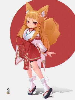 1girl 3d absurdres animal_ear_fluff animal_ears bike_shorts black_sandals black_shorts blender_(medium) blonde_hair brown_hair closed_mouth commentary_request fox_ears fox_girl fox_tail full_body grey_background hair_ornament highres indie_virtual_youtuber japanese_clothes jewelry kimono kuro_kosyou long_hair long_sleeves looking_at_viewer magatama magatama_necklace necklace red_background red_eyes red_skirt sandals shadow short_eyebrows short_shorts shorts shorts_under_skirt skirt smile socks solo tabi tail thick_eyebrows two-tone_background very_long_hair virtual_youtuber white_kimono white_socks x_hair_ornament yuruha_(vtuber) zouri