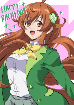 1girl ahoge amamiya_mimori blazer bow bowtie brown_eyes brown_hair clover_hair_ornament green_jacket grey_skirt hair_ornament happy_birthday highres jacket open_clothes open_jacket open_mouth shadowverse shadowverse_(animated_series) shadowverse_(anime) shadowverse_flame shirt skirt solo teeth tmr_msho upper_body upper_teeth_only white_shirt yellow_bow yellow_bowtie
