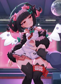 Rule 34 | 1boy, 1girl, absurdres, bare shoulders, black hair, black thighhighs, blush, bow, breasts, clothing cutout, commentary, disco ball, dress, english commentary, green bow, green halo, grin, hair bow, hair ornament, halo, highres, holding another's wrist, looking at viewer, multicolored hair, multiple hair clips, nangong yu, navel, navel cutout, necktie, parted lips, pink hair, pov, red eyes, red nails, ryoshi, small breasts, smile, textless version, thigh gap, thighhighs, thighs, twintails, white dress, wings, wise (zenless zone zero), zenless zone zero