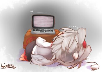 1girl animal_ears artist_name barefoot bikuseno black_skirt box cardboard_box chibi computer detached_sleeves female_focus from_behind grey_background grey_hair hat inubashiri_momiji lying on_side ribbon-trimmed_sleeves ribbon_trim short_hair sketch skirt solo static tail tokin_hat touhou wolf_ears wolf_tail