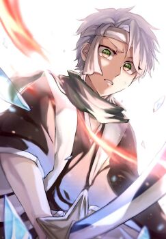 1046sstep_btoh 1boy bleach bleach:_sennen_kessen-hen commentary_request fire green_eyes green_skirt haori hitsugaya_toushirou holding holding_sword holding_weapon ice japanese_clothes male_focus shihakusho skirt solo sword taichou_haori upper_body v-shaped_eyebrows weapon white_hair zanpakutou