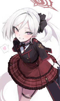 Rule 34 | 1girl, absurdres, bag, black flower, blue archive, commentary request, flower, gabang, hair flower, hair ornament, halo, heart, highres, holding, holding bag, long hair, looking at viewer, mutsuki (blue archive), neck ribbon, pointy ears, purple eyes, red eyes, red halo, red skirt, ribbon, side ponytail, skirt, smile, solo, spoken heart, white background, white hair