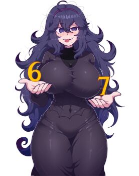 1girl 67_(meme) @_@ ahoge alternate_breast_size_(larger) bags_under_eyes breasts curvy dress hair_between_eyes hairband hex_maniac_(pokemon) hex_maniac_(pokemon_xy) highres huge_breasts large_breasts long_dress long_hair long_sleeves looking_at_viewer meme messy_hair navel nintendo open_mouth pokemon pokemon_xy purple_eyes purple_hair purple_hairband simple_background smile solo standing thighs tidal_(tidaltides) very_long_hair white_background