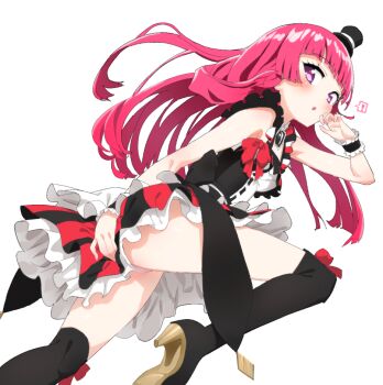 ! 1girl ass blunt_bangs blush boots breasts hat high_heel_boots high_heels hojo_sophy loli long_hair looking_at_viewer mini_hat mini_top_hat panties pantyshot polpol pretty_series pripara purple_eyes red_hair skirt small_breasts solo thigh_boots top_hat underwear white_panties