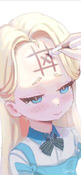 Rule 34 | 1girl, apron, artist name, black bow, black bowtie, blonde hair, blue apron, blue archive, blue eyes, blush, bow, bowtie, closed mouth, drawing on another's face, forehead, highres, pen, polo shirt, samlooop, simple background, sora (blue archive), tagme, tears, tic-tac-toe, white background, xo