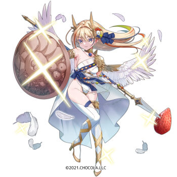 1girl armor bare_shoulders blonde_hair blue_eyes breasts brown_shoes character_request closed_mouth collarbone commentary_request feathered_wings feathers floating_hair food fruit full_body green_hair hair_between_eyes hair_intakes high_heels holding holding_polearm holding_weapon leotard long_hair looking_at_viewer medium_breasts miyoshino multicolored_hair official_art pauldrons polearm red_hair shield shoes shoulder_armor simple_background single_pauldron solo spear strawberry streaked_hair sugar_conflict thighhighs very_long_hair weapon white_background white_feathers white_leotard white_thighhighs white_wings wings