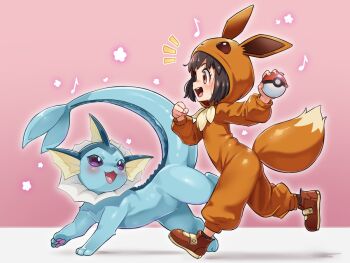 Rule 34 | 1girl, black hair, blush, brown eyes, brown shoes, cosplay, fang, fins, from side, gen 1 pokemon, head fins, holding, holding poke ball, hood, hood up, kigurumi, long sleeves, nintendo, open mouth, poke ball, poke kid (pokemon), pokemon, pokemon (creature), pokemon swsh, purple eyes, running, shoes, sirachi, smile, vaporeon