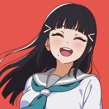 1girl black_hair blush breasts close-up closed_eyes green_necktie grey_sailor_collar hair_ornament head_tilt highres kurosawa_dia long_hair love_live! love_live!_sunshine!! mole necktie nose one_eye_closed open_mouth red_background sailor_collar school_uniform serafuku short_sleeves simple_background sleeve_cuffs smile solo summer_uniform uranohoshi_school_uniform uyu1023 wavy_hair