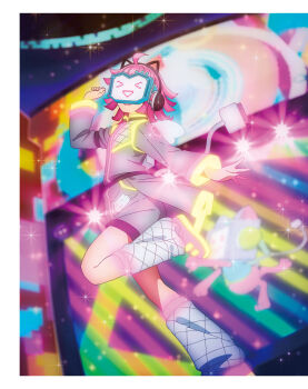 >_< 1girl ahoge animal_ear_headphones animal_ears artbook blunt_ends cat_ear_headphones cat_ears fake_animal_ears hand_up head-mounted_display headphones highres jacket leg_warmers long_sleeves love_live! love_live!_nijigasaki_high_school_idol_club non-web_source official_art pink_hair screen short_hair shorts solo sparkle standing standing_on_one_leg tennoji_rina tsunagaru_connect_(love_live!) wings