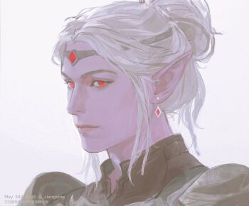 Rule 34 | 1girl, artist name, baldur's gate, baldur's gate 3, circlet, dark elf, dated, dungeons & dragons, dungeons &amp; dragons, earrings, elf, hair bun, highres, jewelry, jiangxing, looking at viewer, minthara, pointy ears, portrait, red eyes, short hair, simple background, single hair bun, solo, white background, white hair