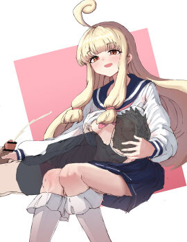 1boy 1girl absurdres ahoge bare_legs black_hair black_shirt blonde_hair blue_skirt blunt_bangs blush boots bow breasts clothes_lift cradling_head cum cygames erection hahajima_fuwari_(shadowverse_flame) hand_on_another&#039;s_penis handjob hetero highres knee_boots long_bangs long_hair medium_breasts miniskirt naughty_face nipple_stimulation nipple_tweak nipples no_bra nursing_handjob orange_eyes orgasm penis pink_bow pleated_skirt projectile_cum sailor_collar sailor_shirt see-through_clothes shadowverse shadowverse_(anime) shadowverse_flame shirt shirt_lift simple_background sketch skirt spiked_hair thighs xia6230713